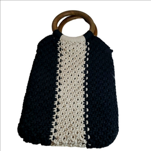 NWT Laude The Label Gabby Mini Macrame Bag Wood Ring Handles Black Ecru